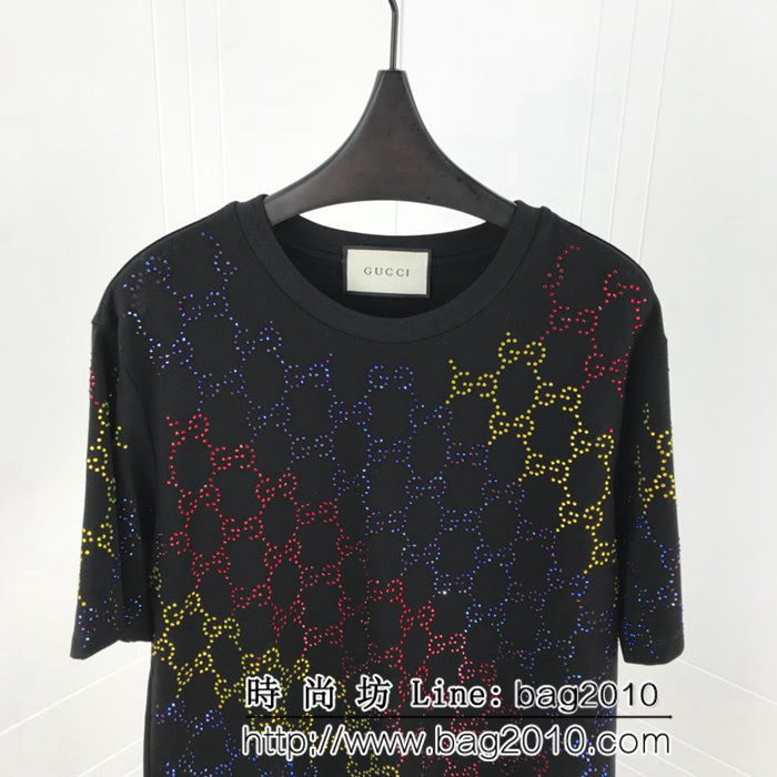 GUCCI古馳 19ss春夏新秀款 全身雙G燙鑽工藝 短袖T-shirt 三色鑽漸變效果 男女同款 ydi2400